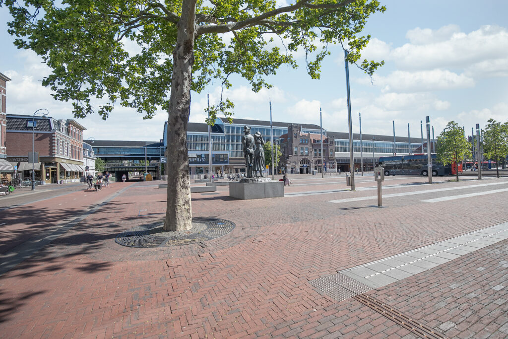 City square with statue, tree, and buildings.