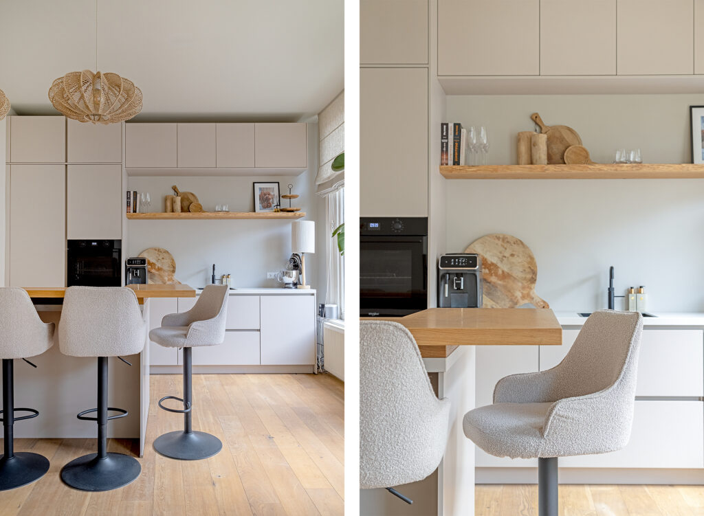 Modern kitchen with beige cabinets and stools