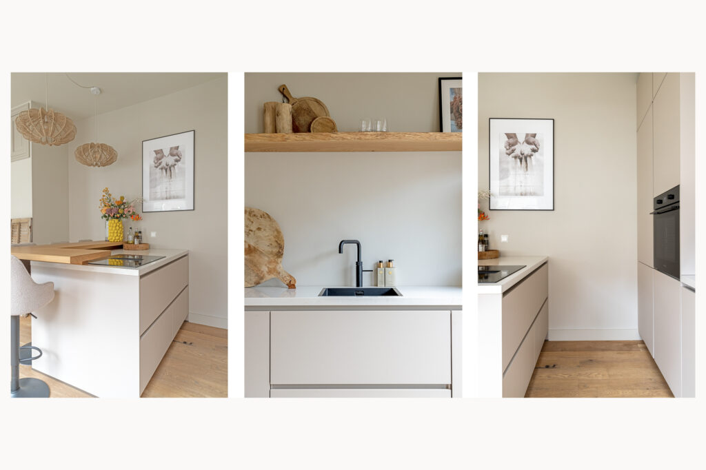Modern kitchen with island and minimalist decor.