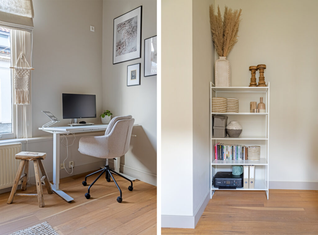 Cozy home office with desk and bookshelf.