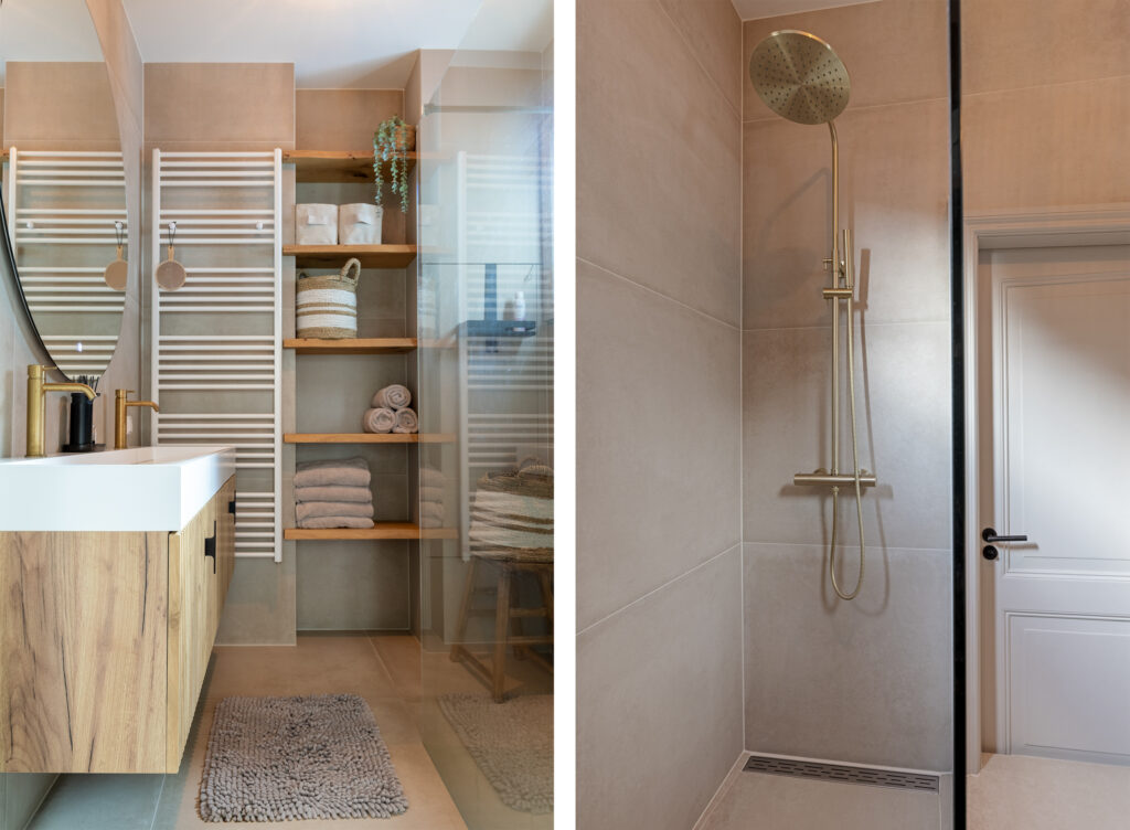 Modern bathroom with wooden shelves and rain shower