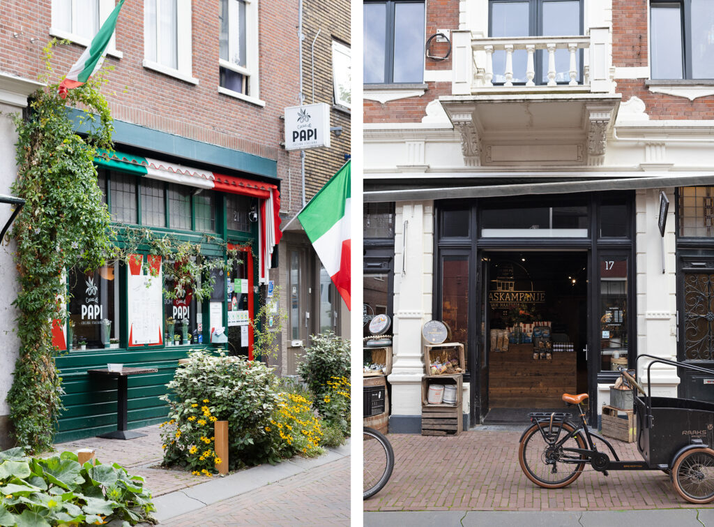 Italian restaurant and cafe storefronts on city street.