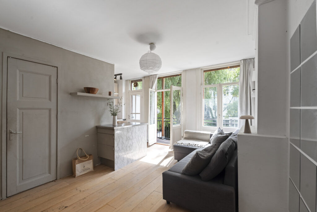 Modern living room with large windows and gray sofa.