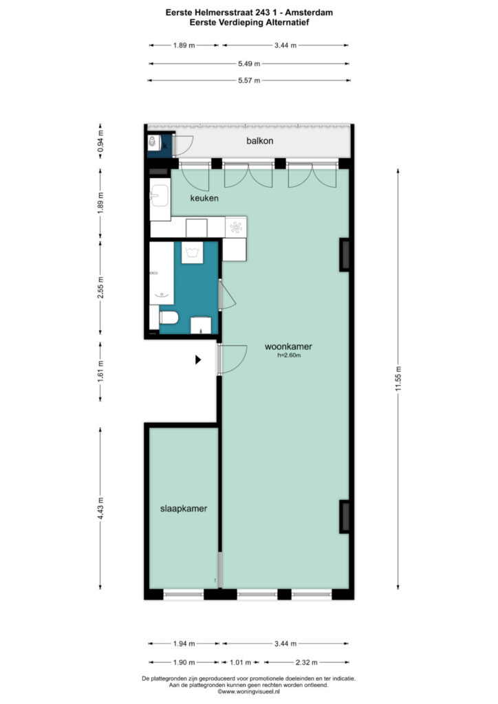 Floor plan of Amsterdam apartment with dimensions.