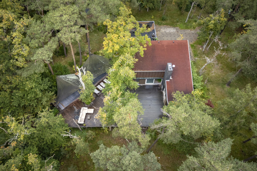 Aerial view of house surrounded by trees.