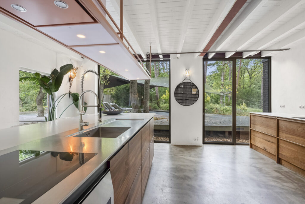 Modern kitchen with large windows and greenery.