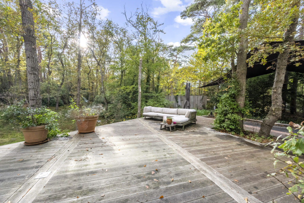 Wooden deck with outdoor sofa and plants