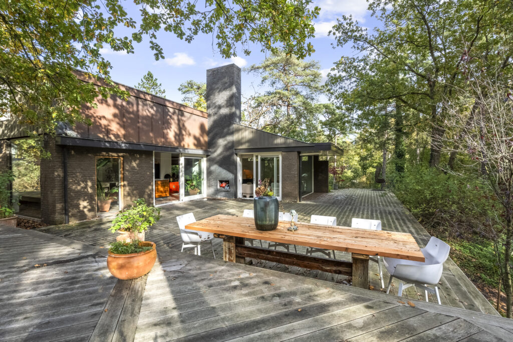Modern house with outdoor deck and large table