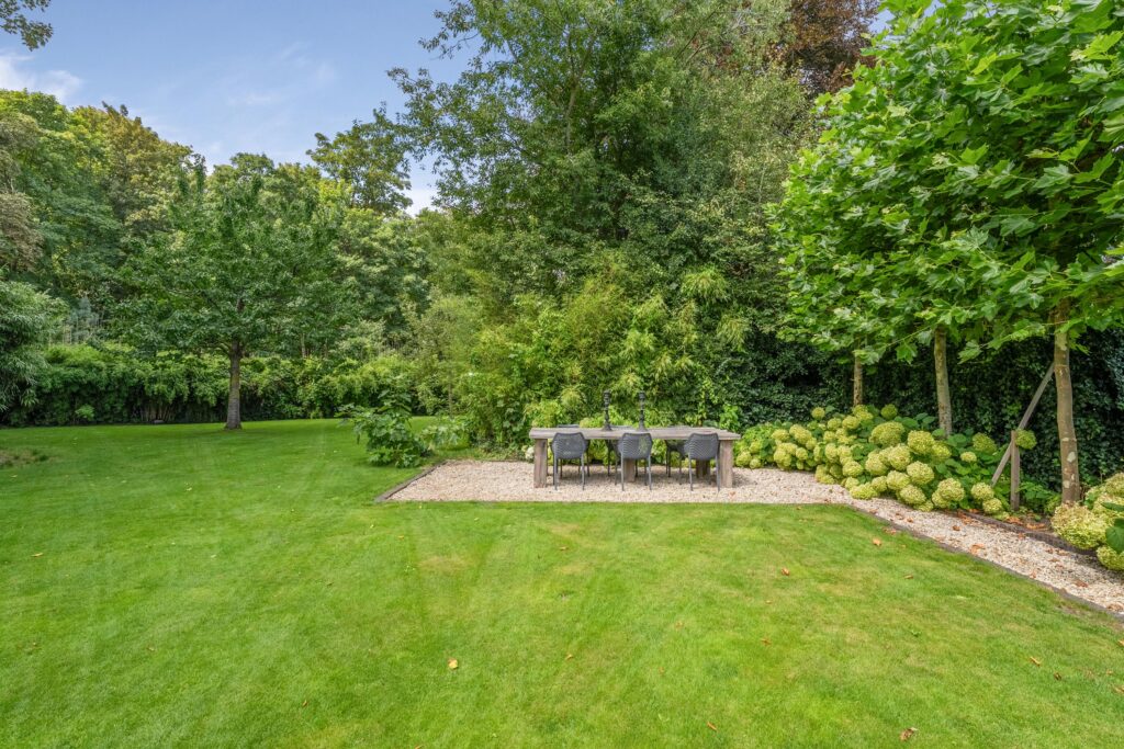 Peaceful garden with table and chairs