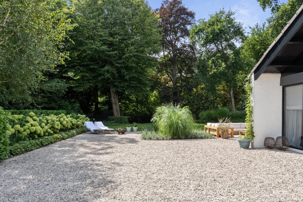 Spacious garden with lounge chairs and greenery.