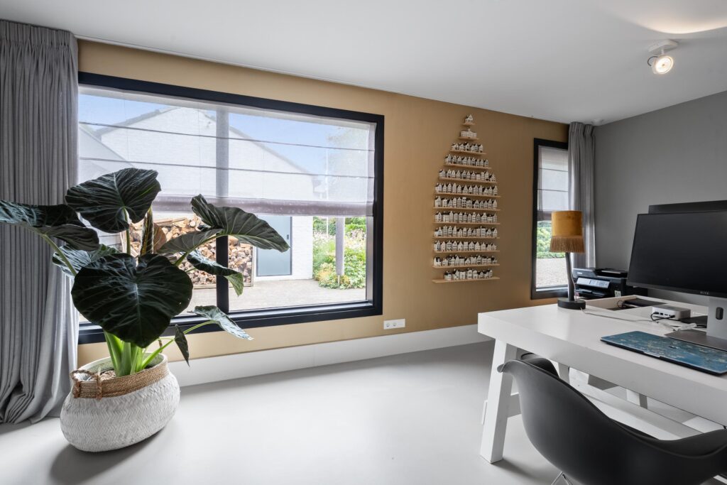 Modern home office with large plant and desk