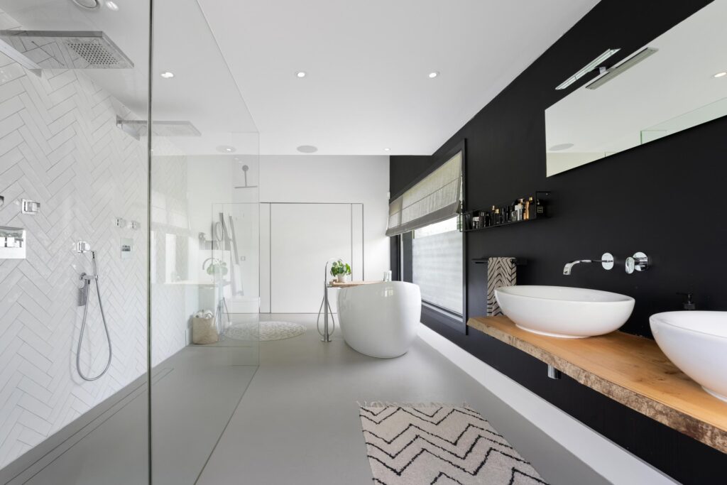 Modern bathroom with freestanding tub and double sinks