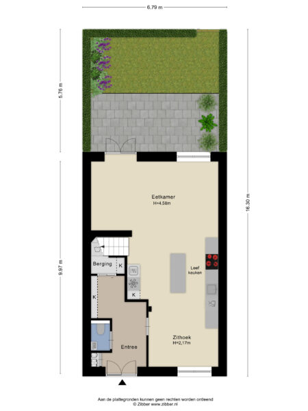 Ground floor layout with garden and kitchen details.