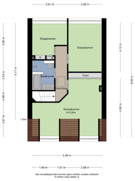 Upstairs floor plan with bedrooms and bathroom.