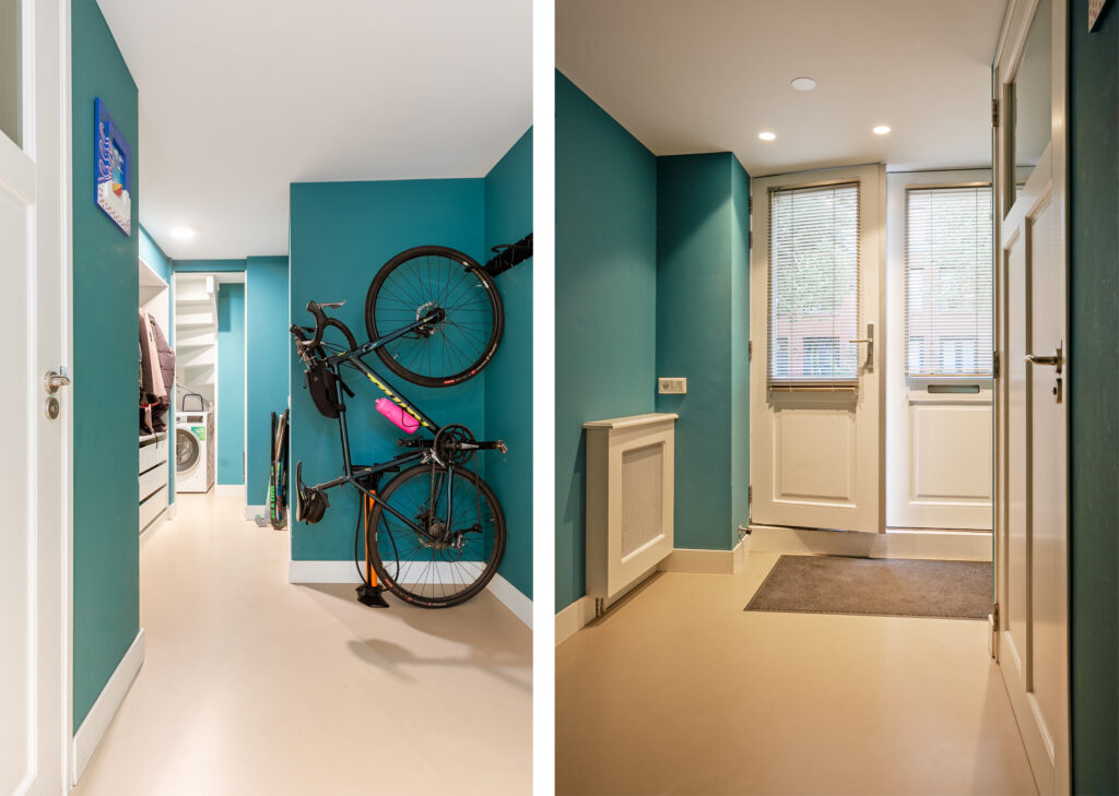 Modern hallway with storage and bicycle wall mount.
