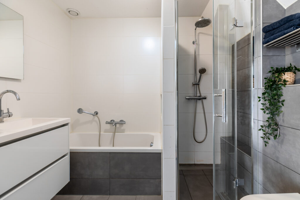 Modern bathroom with shower, bathtub, and sink.