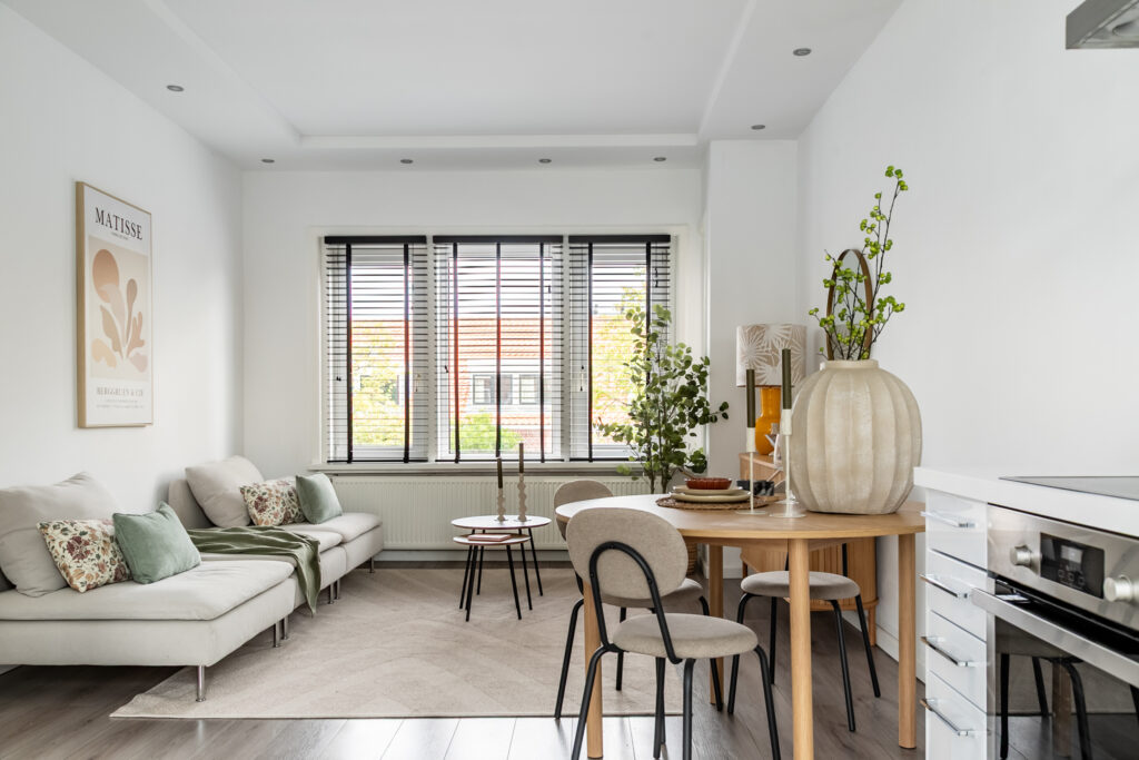 Modern living room with Scandinavian design and natural light.
