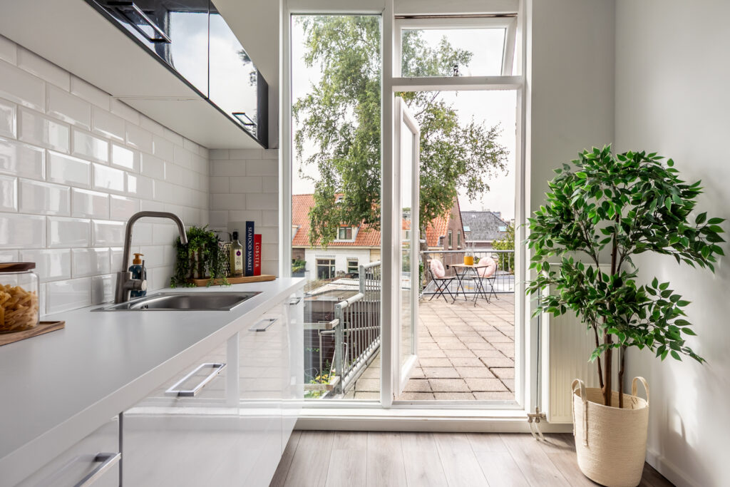 Modern kitchen with patio view