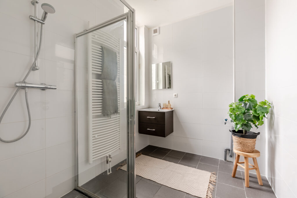 Modern bathroom with shower, sink, and plant decor.