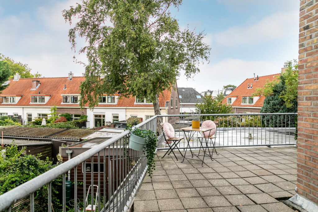 Rooftop terrace with chairs and plants.