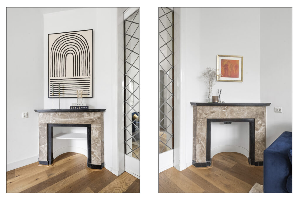 Modern minimalist fireplaces with art decor.