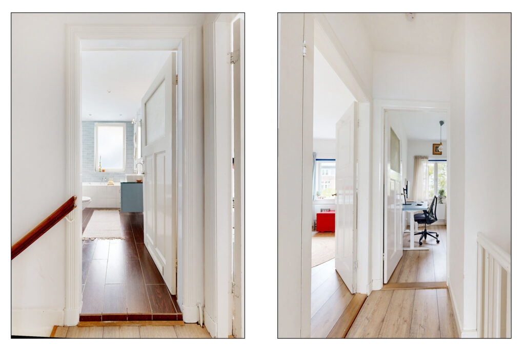 Bright hallway with bathroom and office views.