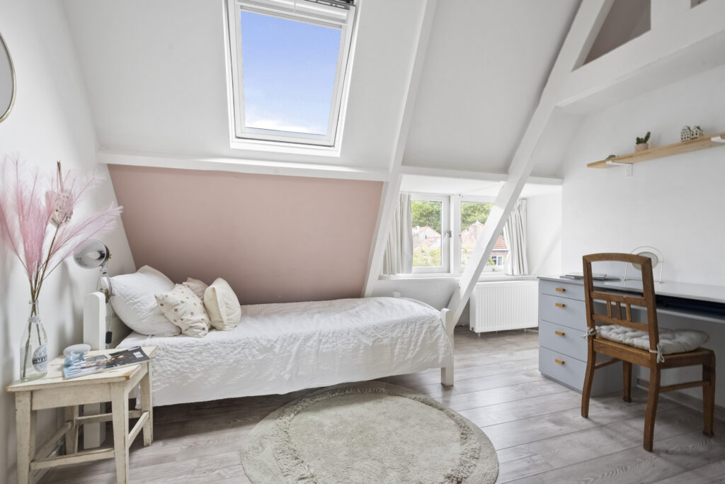 Cozy attic bedroom with skylight and desk.