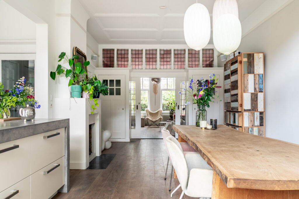Bright dining room with modern decor and plants