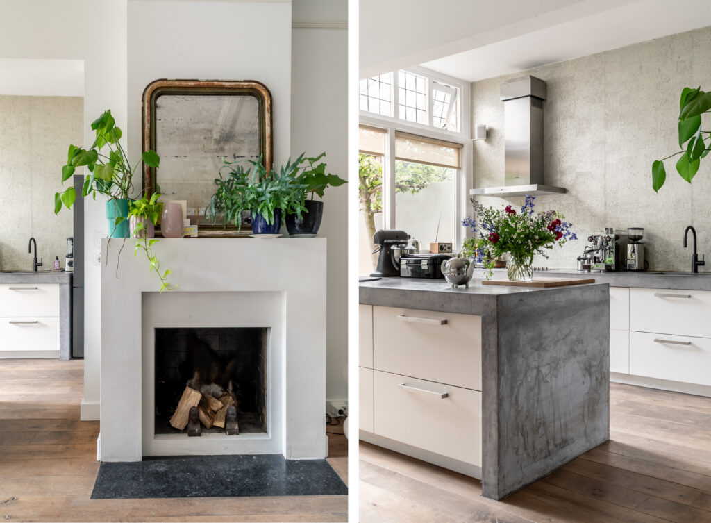 Modern kitchen with plants and fireplace