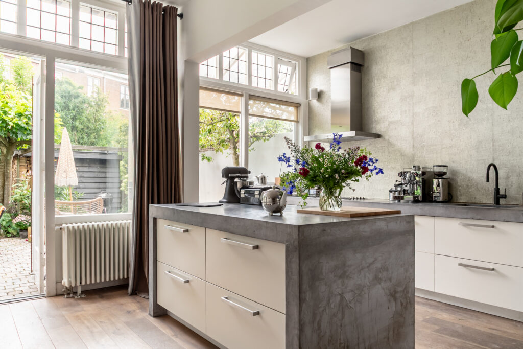Modern kitchen with island and garden view