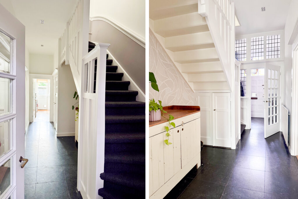 Modern hallway with staircase and cabinets.