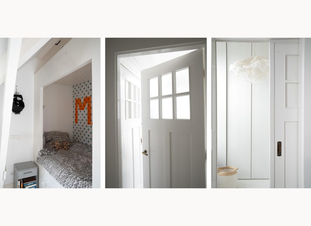 Cozy bedroom, white door, hallway with basket.