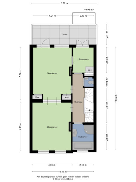 Second-floor apartment layout with bedrooms and terrace.