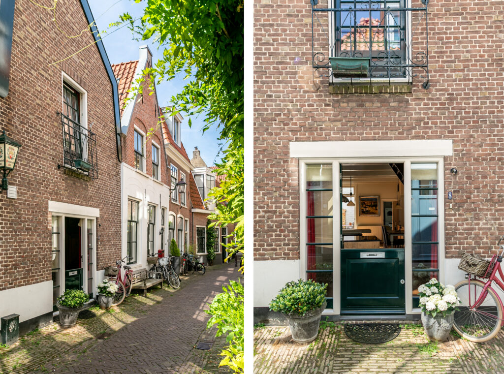 Picturesque Dutch street with bicycles and quaint houses.
