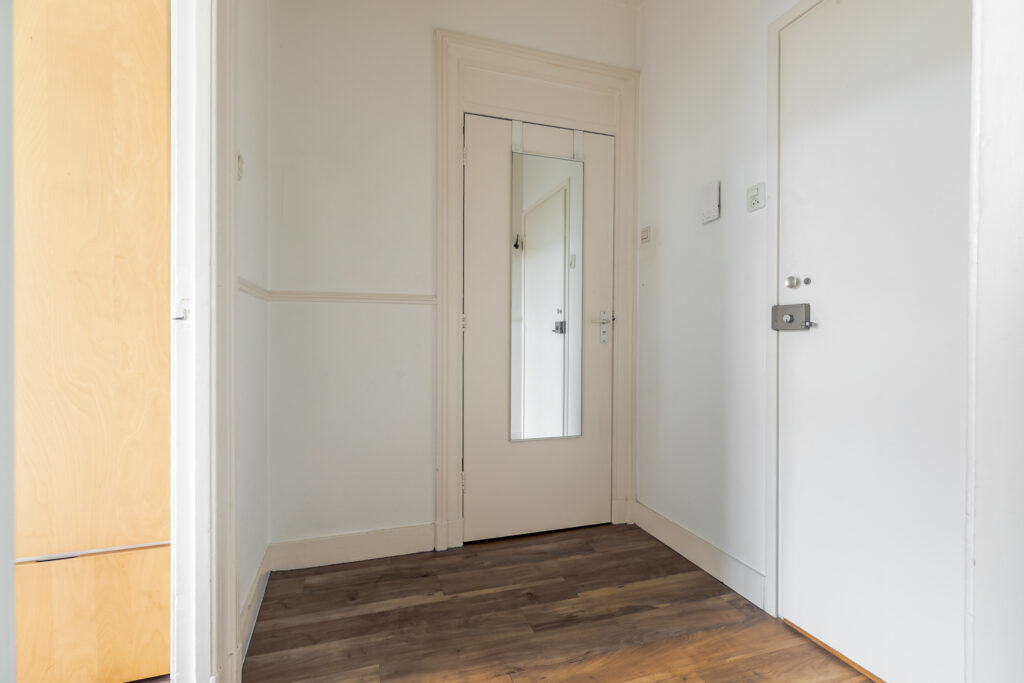 Minimalist hallway with wood flooring and mirror door.