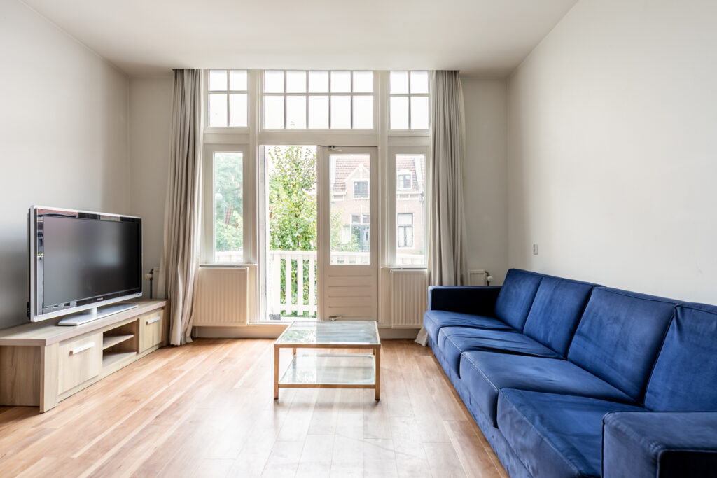 Bright living room with blue sofa and TV.