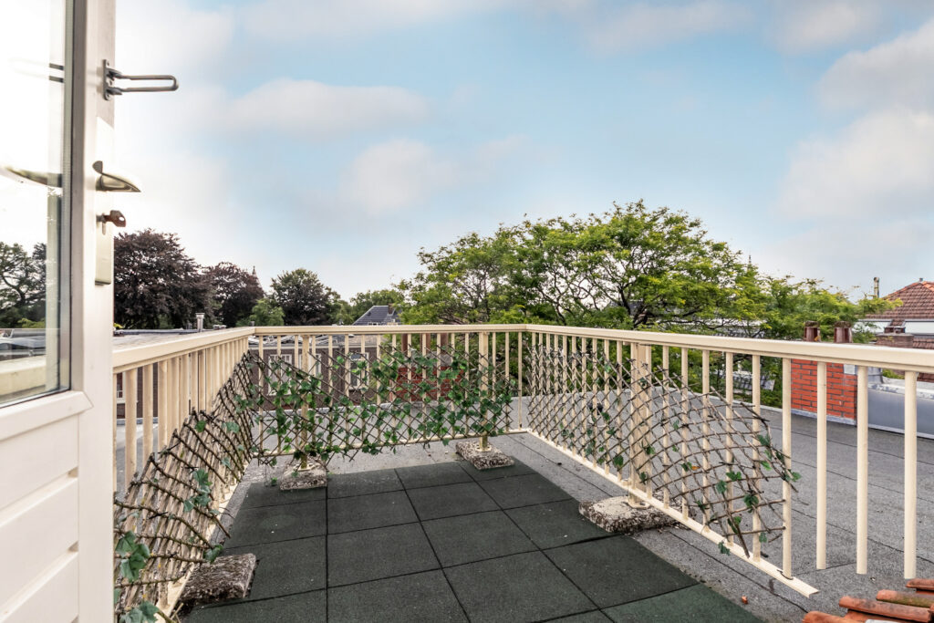 Rooftop balcony with railing and scenic view