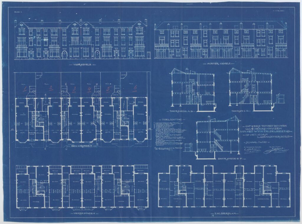 Detailed architectural building blueprints and elevations.