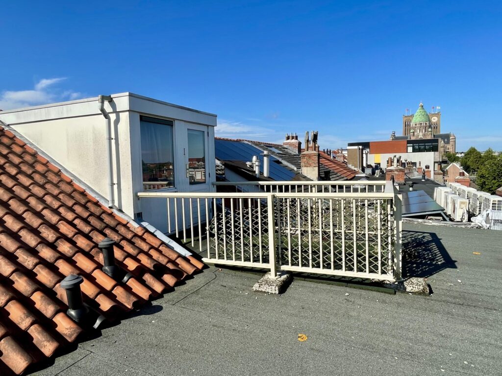 Rooftop view with distant cathedral under blue sky.