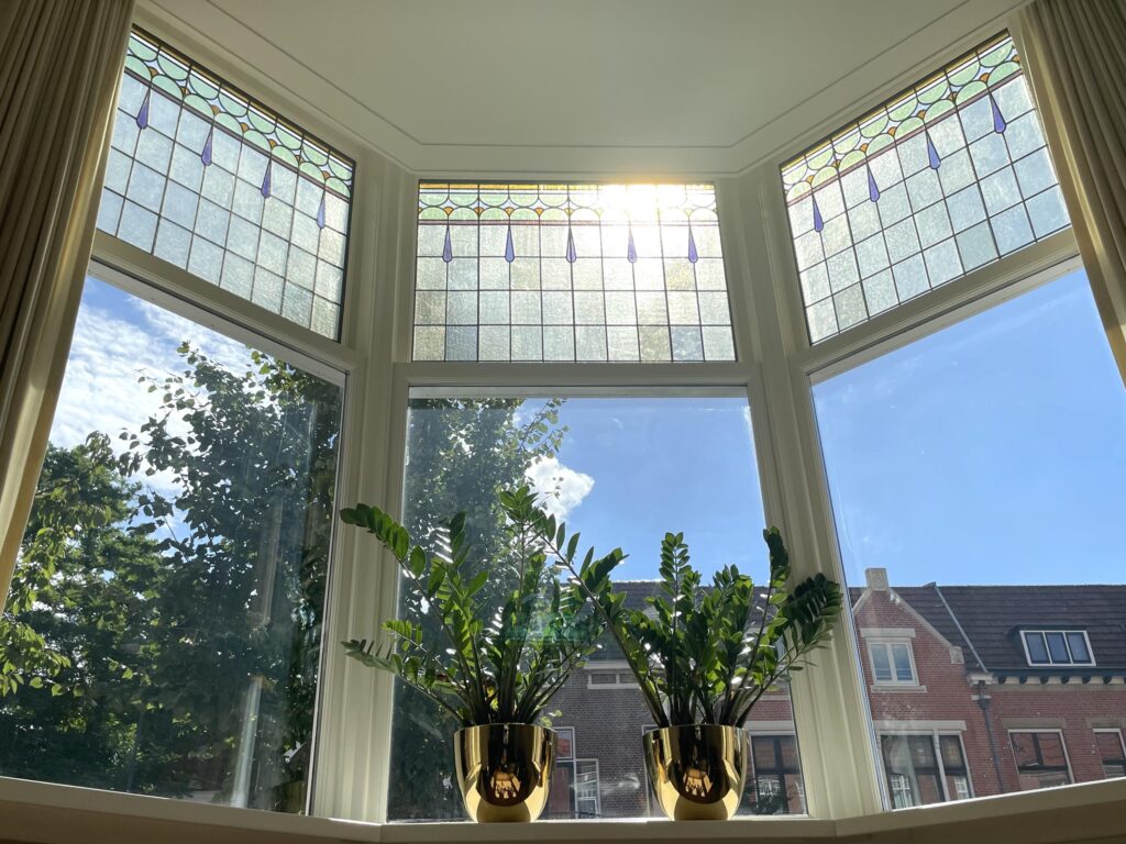 Stained glass windows with houseplants inside.