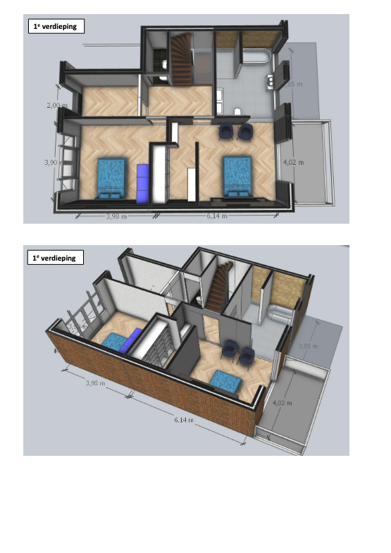Two-bedroom apartment floor plan, top and side view.