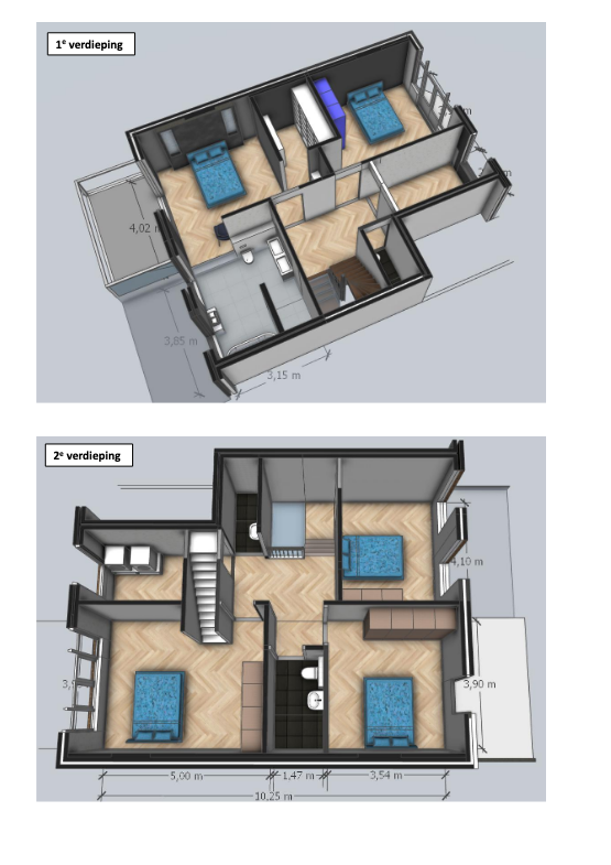 3D floor plan, two-story house layout.