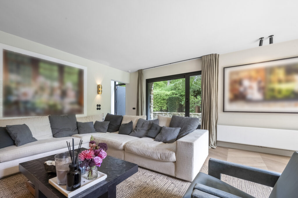 Modern living room with large windows and gray sofa.