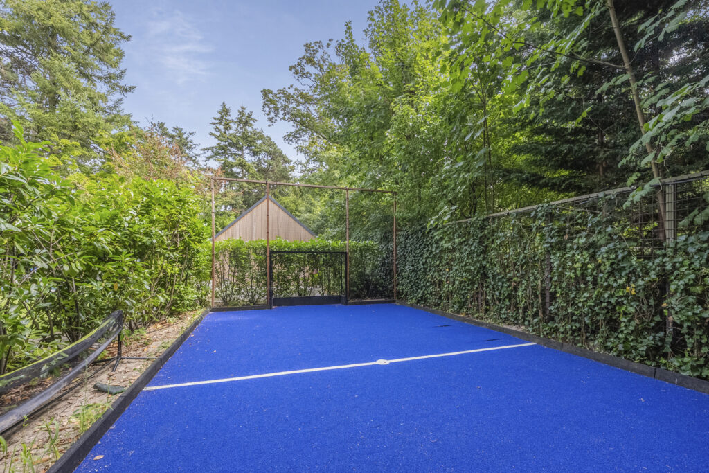 Outdoor blue court with surrounding greenery