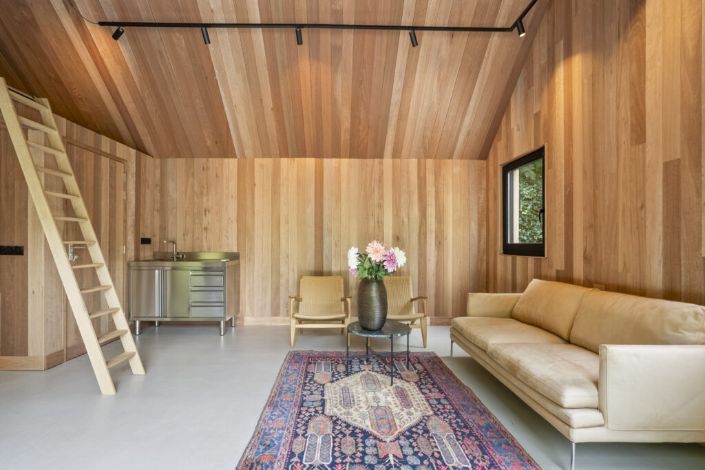 Cozy wooden interior with sofa and rug