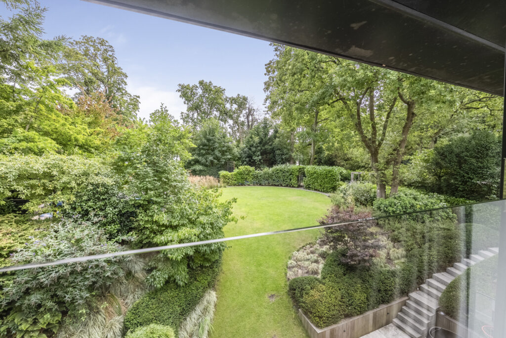Lush green garden view from balcony