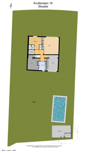 House floor plan with garden and pool.