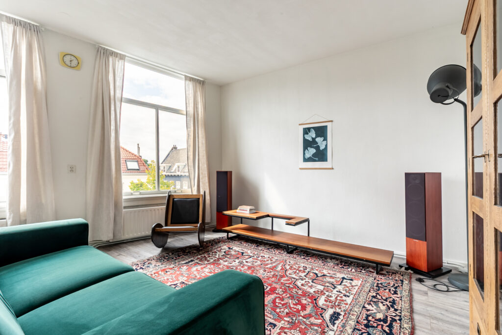 Modern living room with green sofa and patterned rug.
