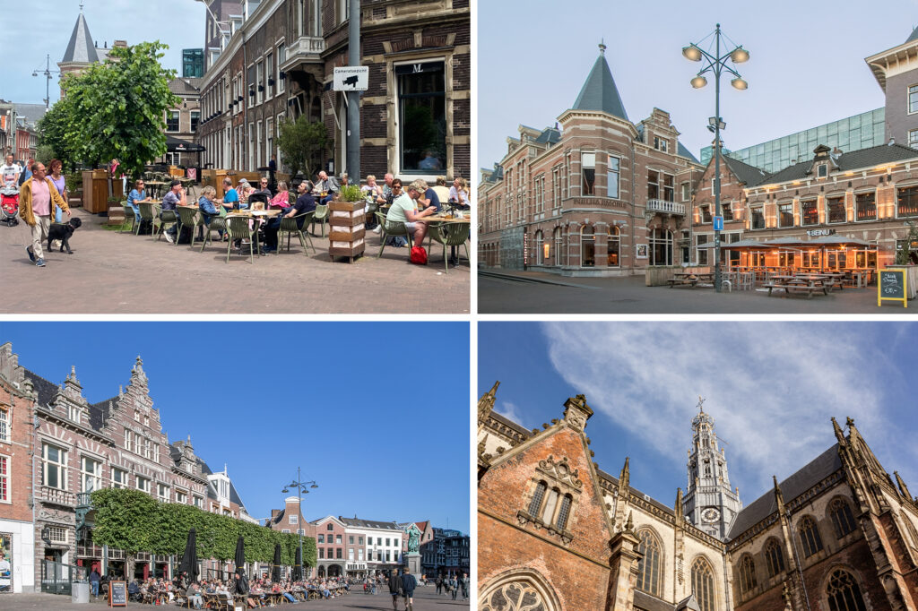 Outdoor dining and historic buildings in a city square.