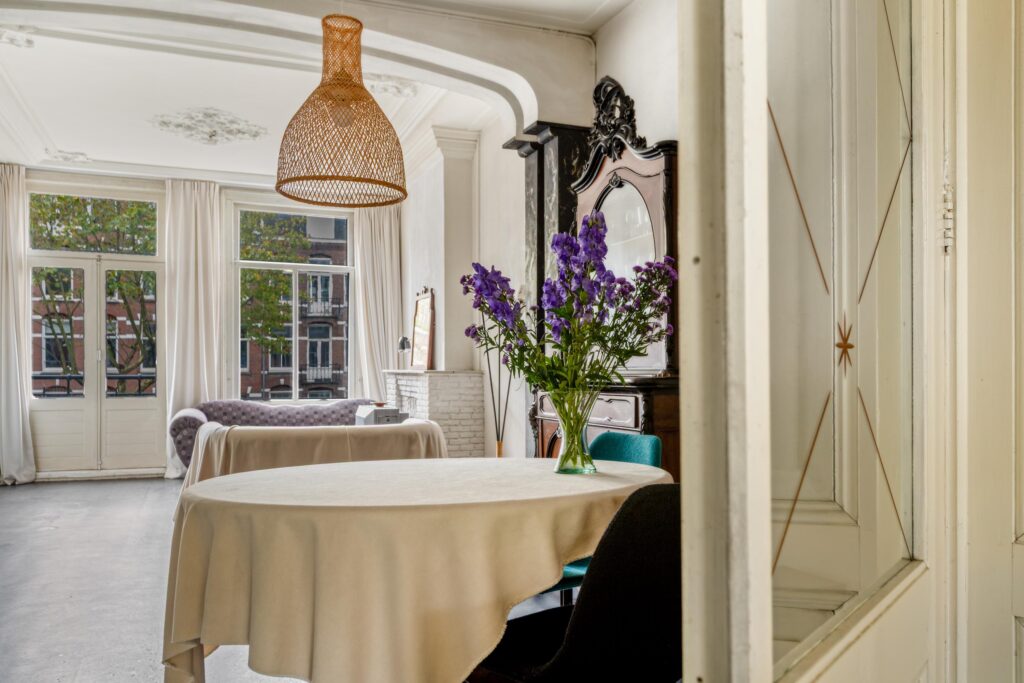 Cozy living room with flowers on table